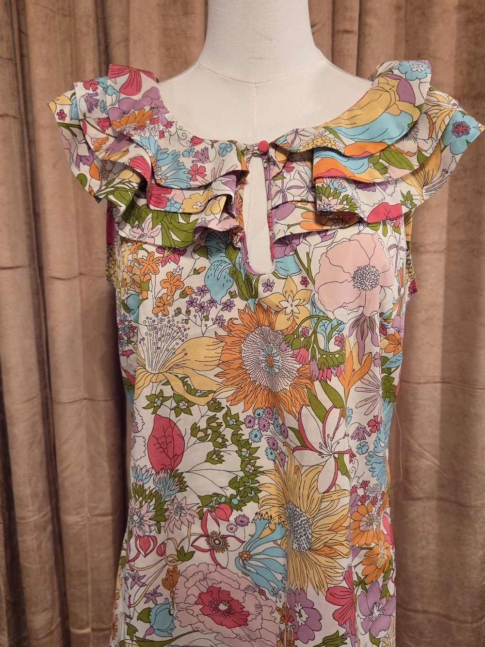 Liberty of London For Target Multicolor Floral Ruffle-Neck Top. Medium.